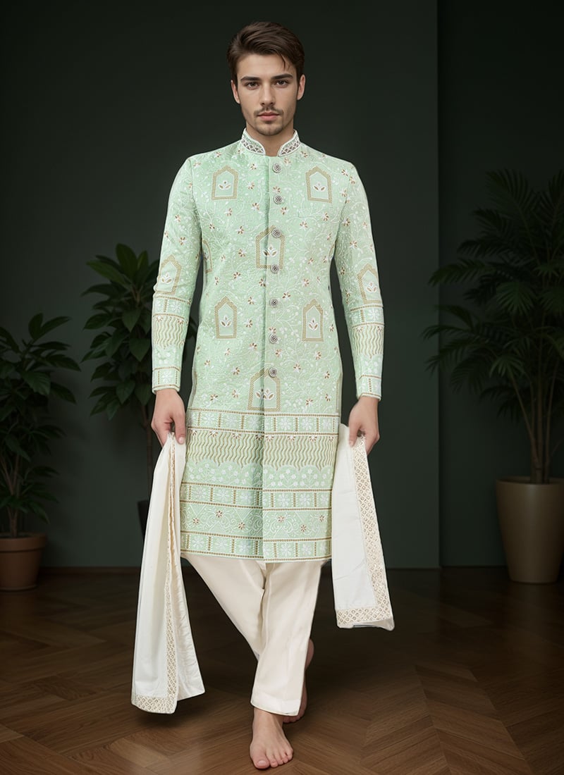 Lime Green Silk Embroidered Classic Sherwani Wedding Wear