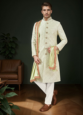 Lime Green Silk Embroidered Classic Sherwani