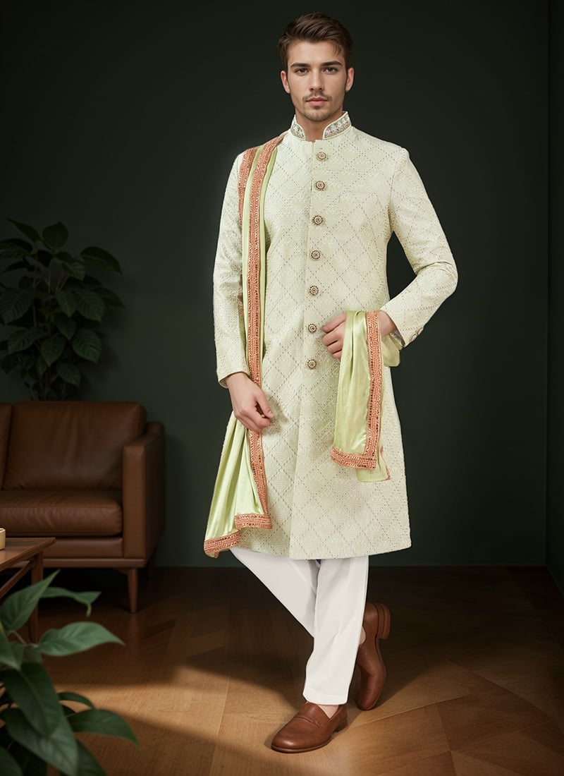 Lime Green Silk Embroidered Classic Sherwani Wedding Wear