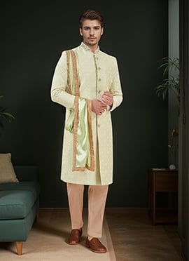 Lime Green Silk Embroidered Classic Sherwani