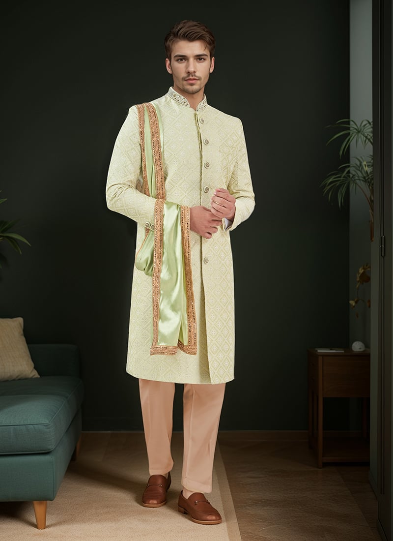 Lime Green Silk Embroidered Classic Sherwani Wedding Wear