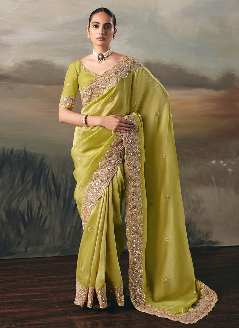 Lime Green Silk Zari Embroidered Sequins Saree Wedding Wear