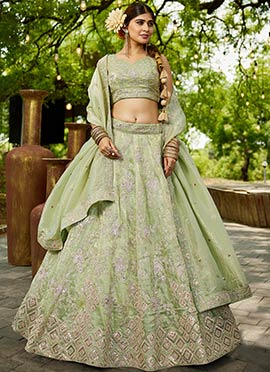 Lime Green Tissue Embroidered Sequins Lehenga Wedding Wear