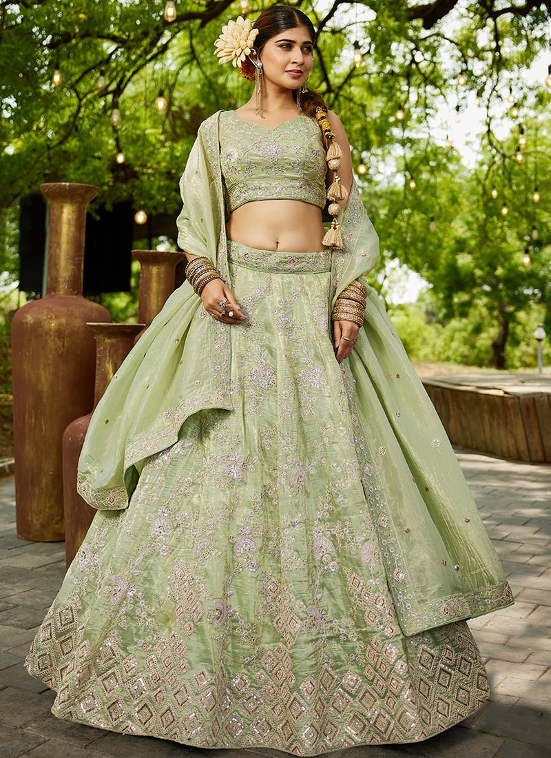 Lime Green Tissue Embroidered Sequins Lehenga Wedding Wear