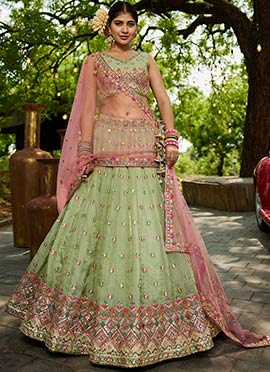 Lime Green Tissue Embroidered Sequins Lehenga Wedding Wear