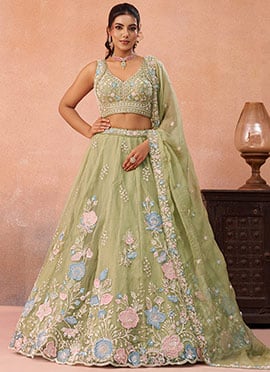 Lime Green Tissue Embroidered Sequins Zari Beads Work Lehenga