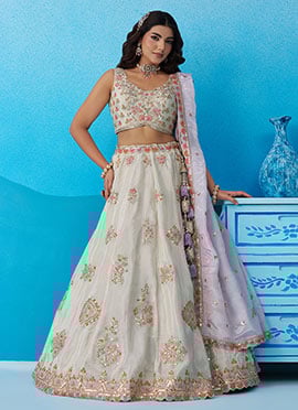 Lime Green Tissue Embroidered Zari Sequins Stones Work Lehenga