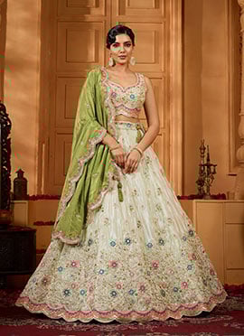Lime Green Tissue Sequins Stones Beads Embroidered Cut Work Umbrella Lehenga Wedding Wear
