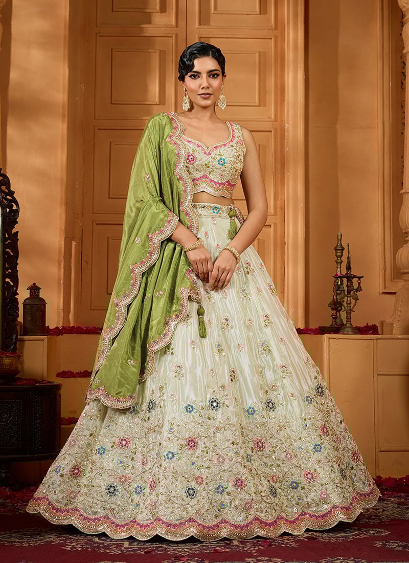 Lime Green Tissue Sequins Stones Beads Embroidered Cut Work Umbrella Lehenga Wedding Wear