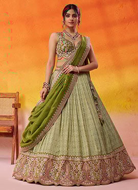 Lime Green Tissue Zari Embroidered Sequins With Beads Work Lehenga