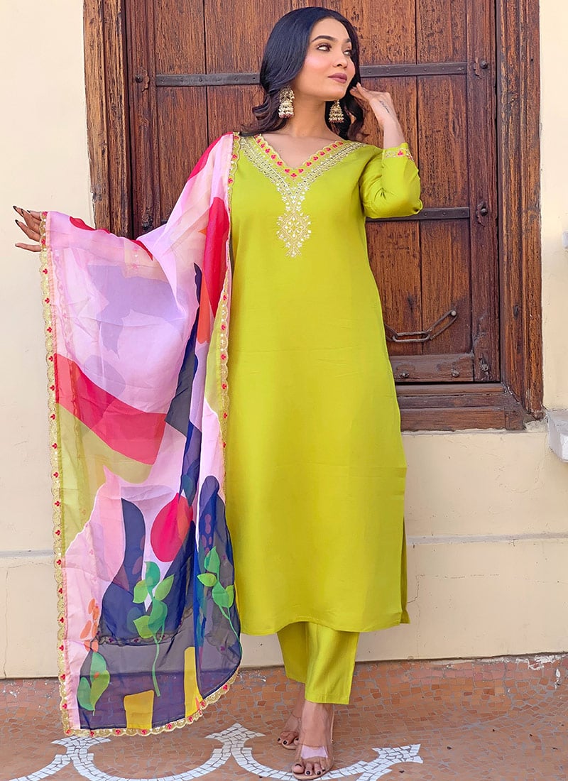 Lime Green Viscose Silk Embroidered Printed Elegant Straight Pant Suit Festive Wear