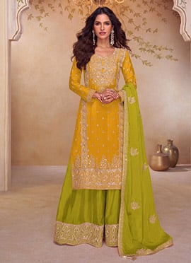 Lime Yellow Chinon Embroidered Sequins Mirror Work Palazzo Suit