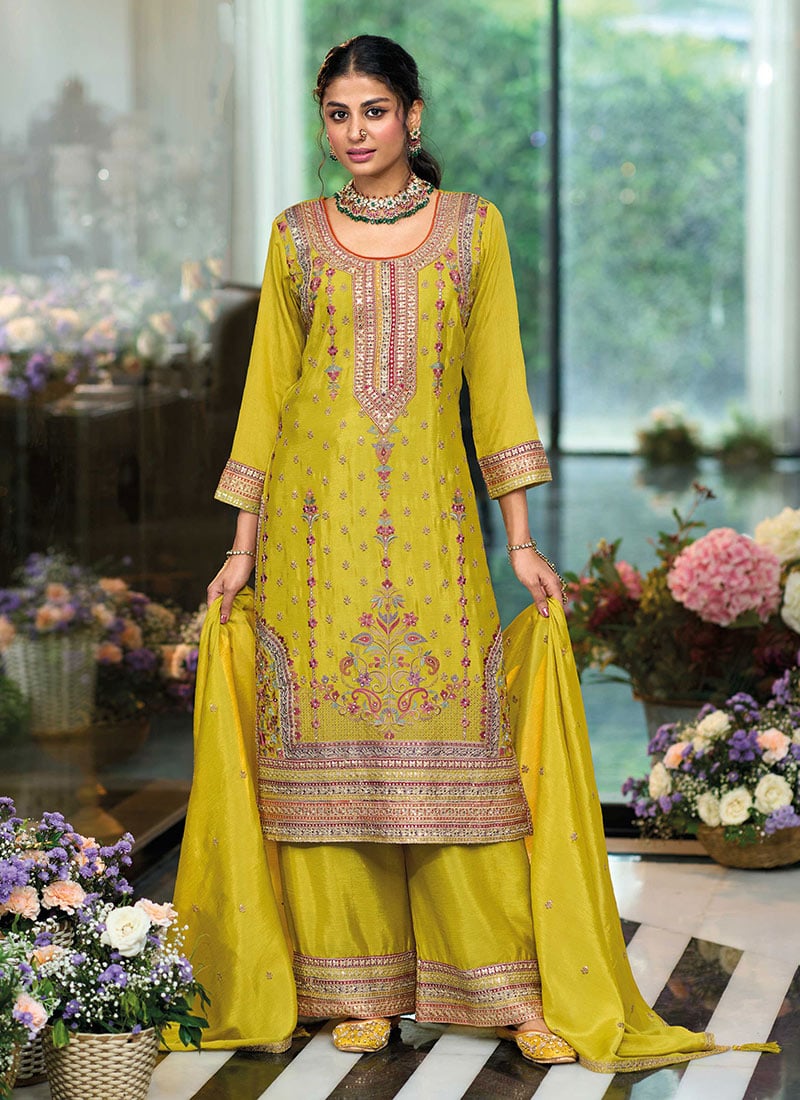 Lime Yellow Chinon Embroidered Sequins With Stone Work Palazzo Suit