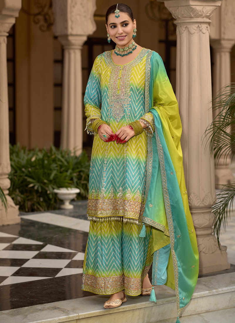 Lime Yellow Chinon Embroidered Stones Sequins Palazzo Suit Festive Wear