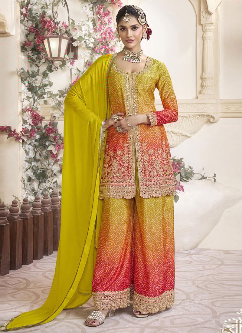 Lime Yellow Chinon Silk Bandhini Print Embroidered With Mirror Work Sequins Palazzo Suit Festive Wear-SLSCC5589712