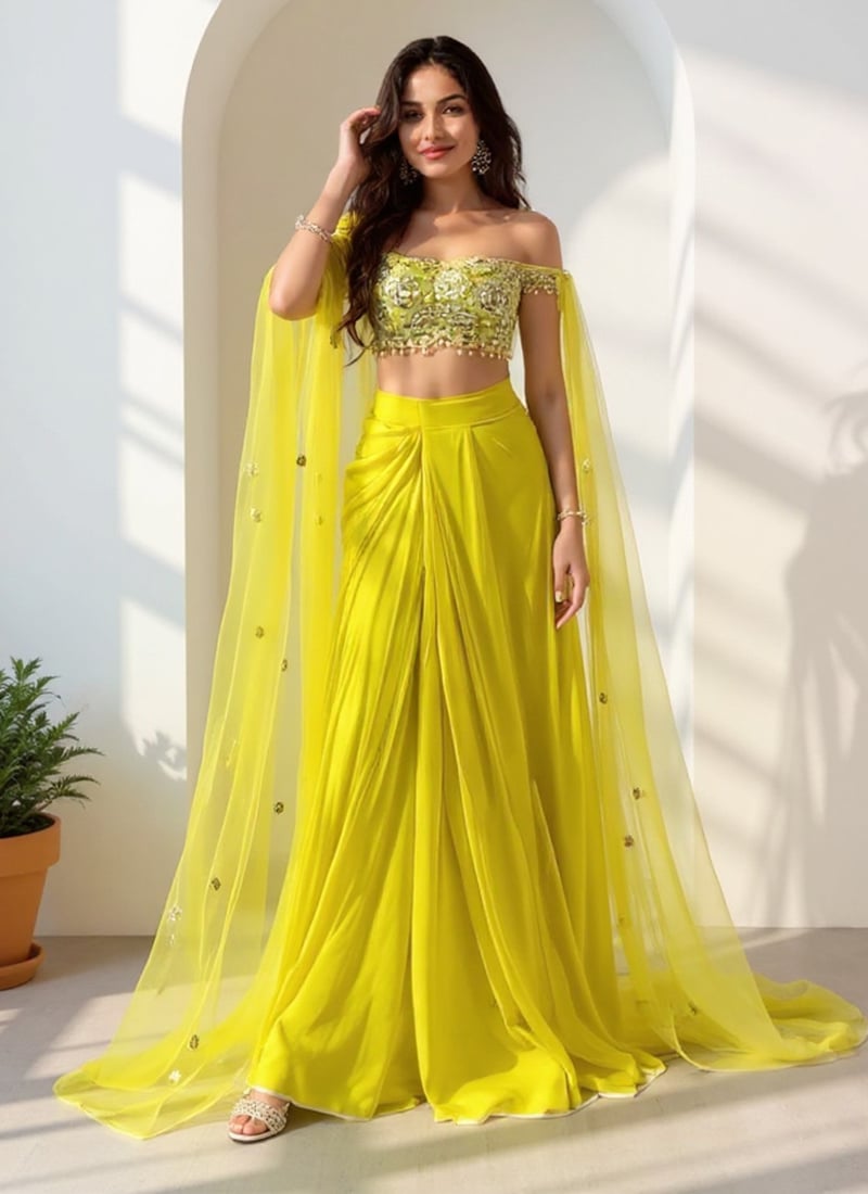 Lime Yellow Chinon Silk Sequins Indowestern Dhoti Set Festive Wear