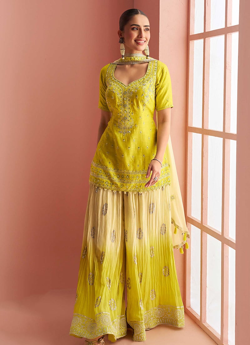 Lime Yellow Chinon Silk Thread Cutdana Sequins And Mirror Work Palazzo Suit Festive Wear