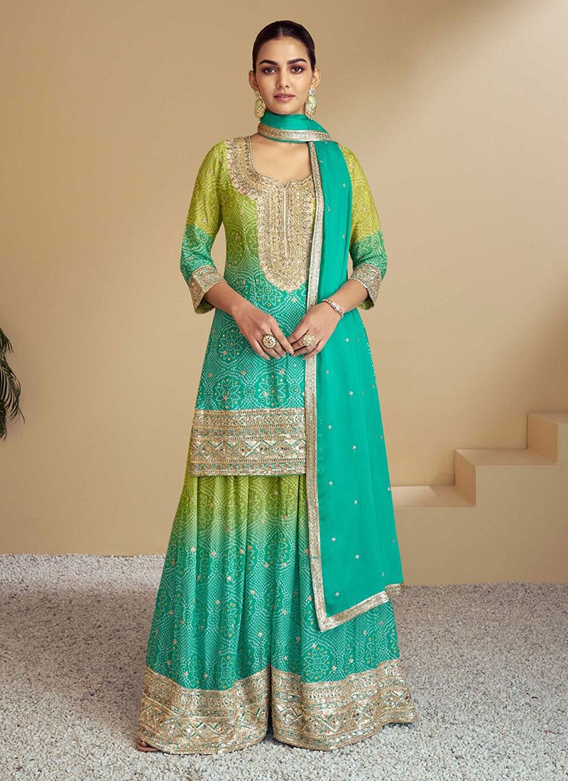 Lime Yellow Chinon Silk Zari Embroidered Sequins Bandhini Print Palazzo Suit Festive Wear