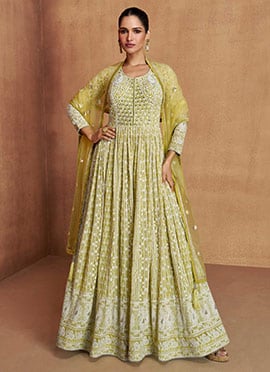 Lime Yellow Faux Georgette Embroidered Sequins A Line Anarkali Suit