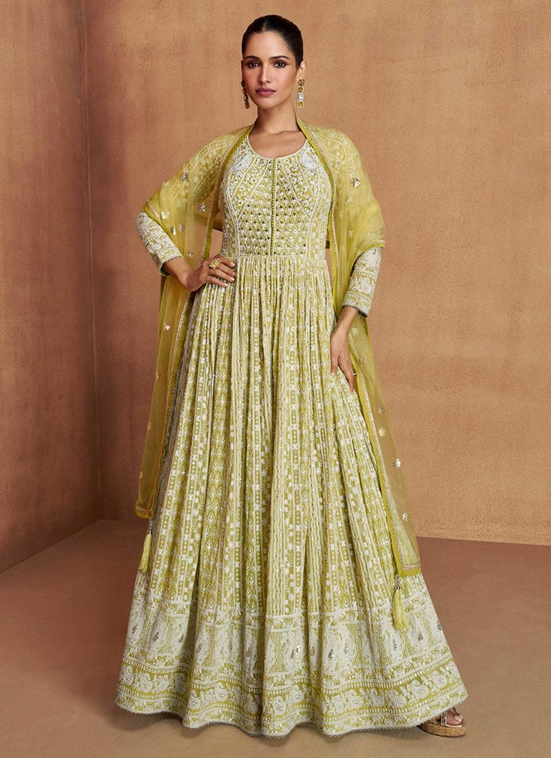 Lime Yellow Faux Georgette Embroidered Sequins A Line Anarkali Suit Wedding Wear