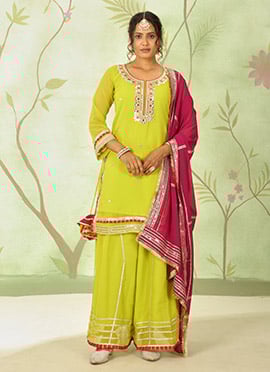 Lime Yellow Faux Georgette Zari Embroidered Sequins Palazzo Suit