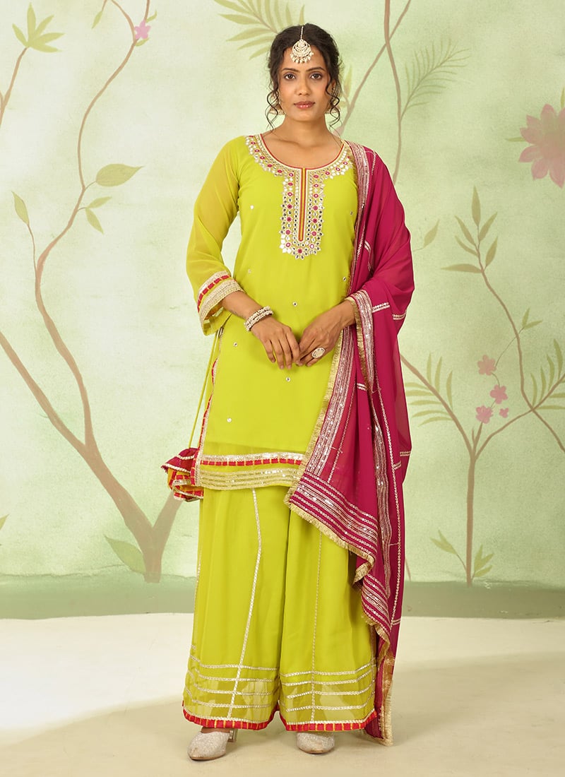 Lime Yellow Faux Georgette Zari Embroidered Sequins Palazzo Suit Festive Wear