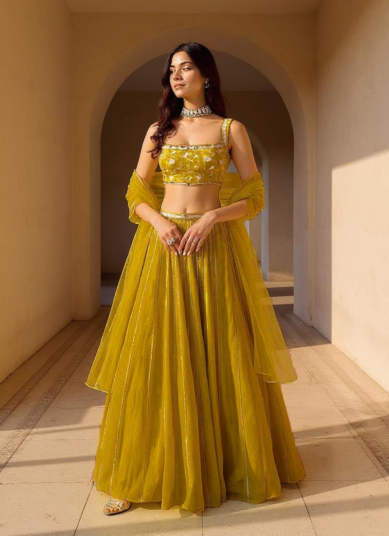 Lime Yellow Georgette Hand Embroidered Sequins Lehenga Wedding Wear-GHSCCRM202540