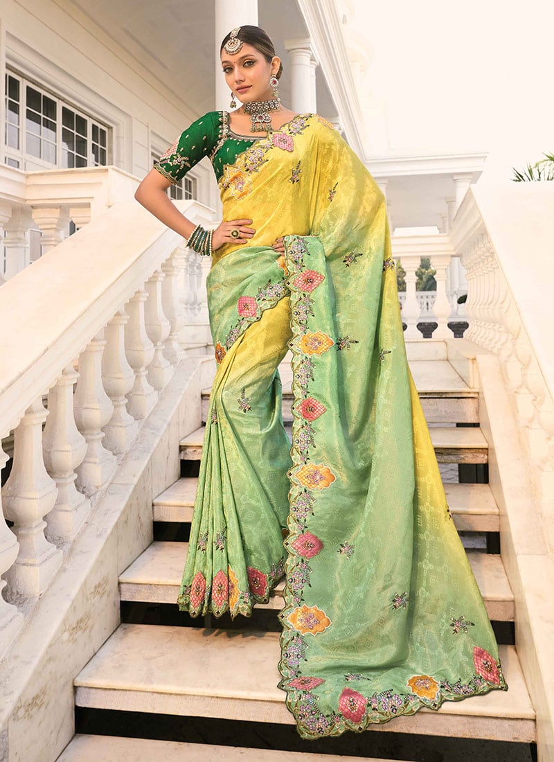 Lime Yellow Jacquard Crepe Zari Embroidered Sequins With Beads Work Saree Wedding Wear