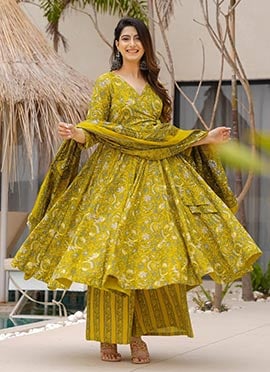 Lime Yellow Muslin Digital Print Anarkali Suit