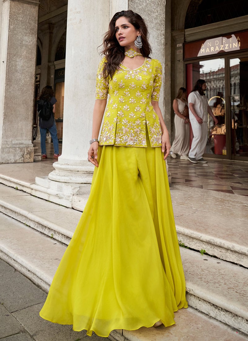 Lime Yellow Organza Silk Sequins Zari Embroidered Palazzo Suit Festive Wear
