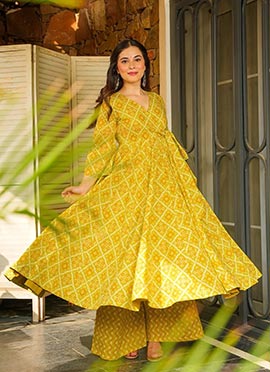 Lime Yellow Rayon Digital Print Kurta Palazzo Set