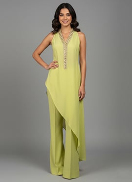 Lime Yellow Silk  Beads Sequins Indowestern Palazzo Set