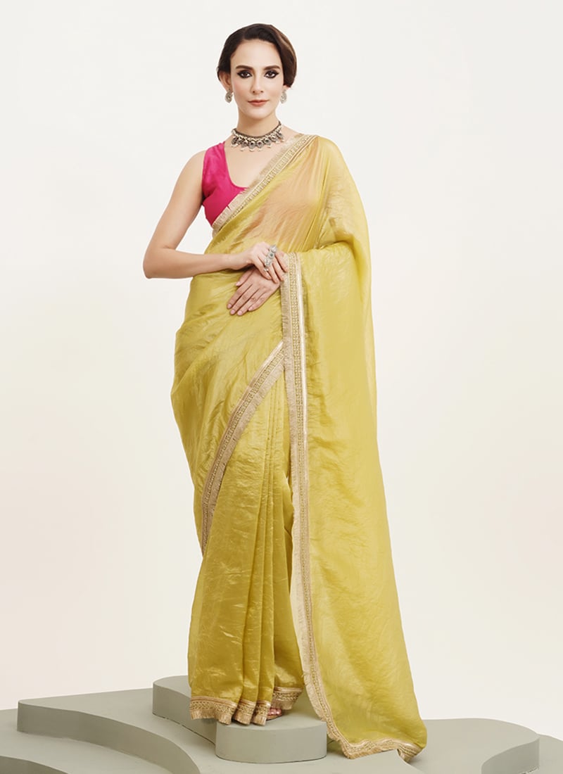 Lime Yellow Silk Blend Sequins Saree After Six Wear