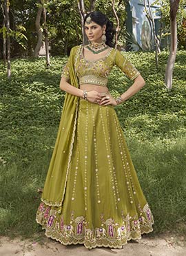 Lime Yellow Tissue Zari Embroidered Sequins Beads Work Lehenga
