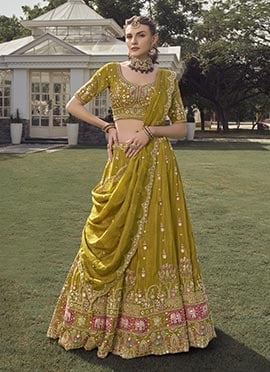 Lime Yellow Tissue Zari Embroidered Sequins Beads Work Lehenga