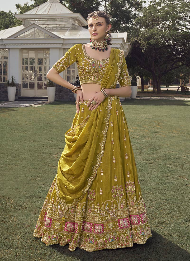 Lime Yellow Tissue Zari Embroidered Sequins Beads Work Lehenga Wedding Wear