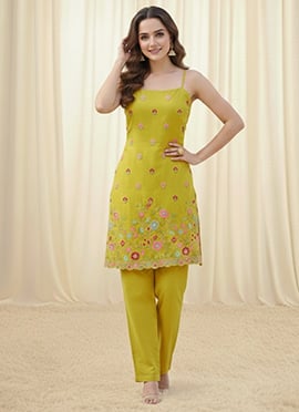Lime Yellow Vichitra Silk Embroidered Straight Pant Suit