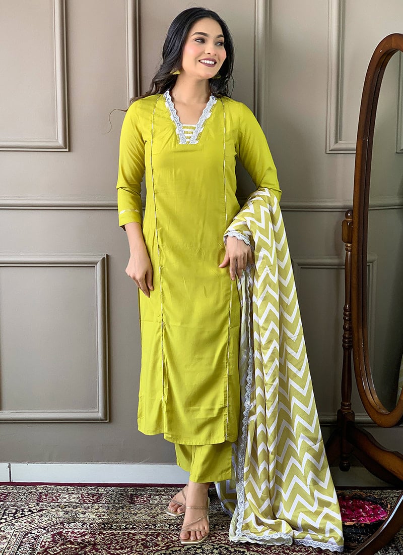 Lime Yellow Viscose Embroidered Straight Pant Suit After Six Wear