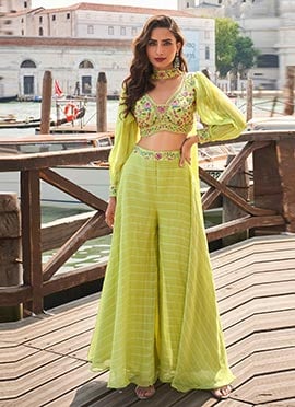 Lime Yellow Viscose Jacquard Silk Embroidered Beads And Stones Palazzo Set Wedding Wear