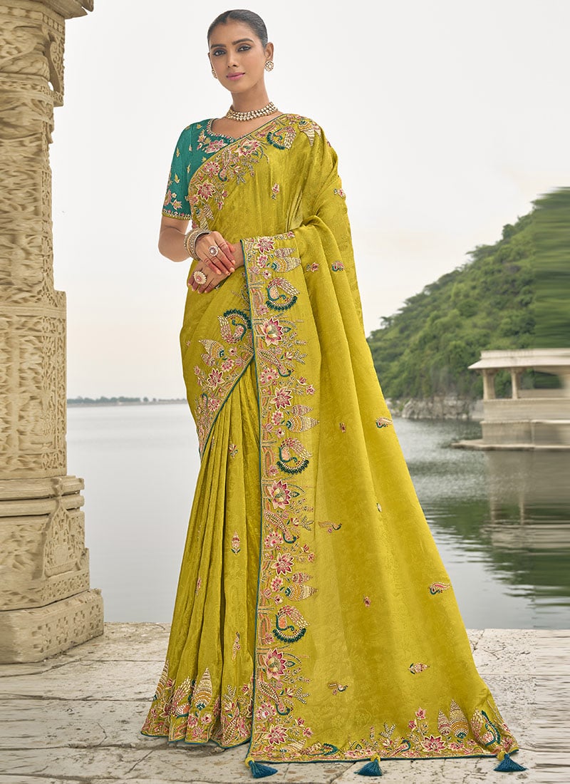 Lime Yellow Viscose Jacquard Zari Embroidered Sequins Stone And Beads Work Saree Wedding Wear
