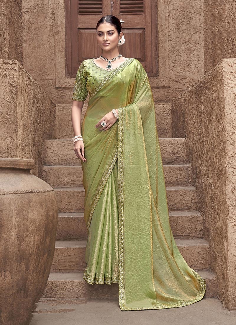 Liril Green Gradient Satin Silk Embroidered Beads Sequins Saree