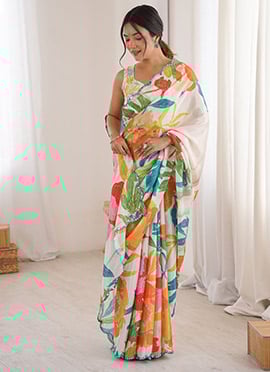 Lively Multicolored Chinon Digital Floral Print Saree