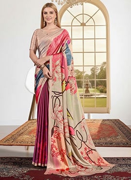Lively Multicolored Silk Crepe Digital Print Saree