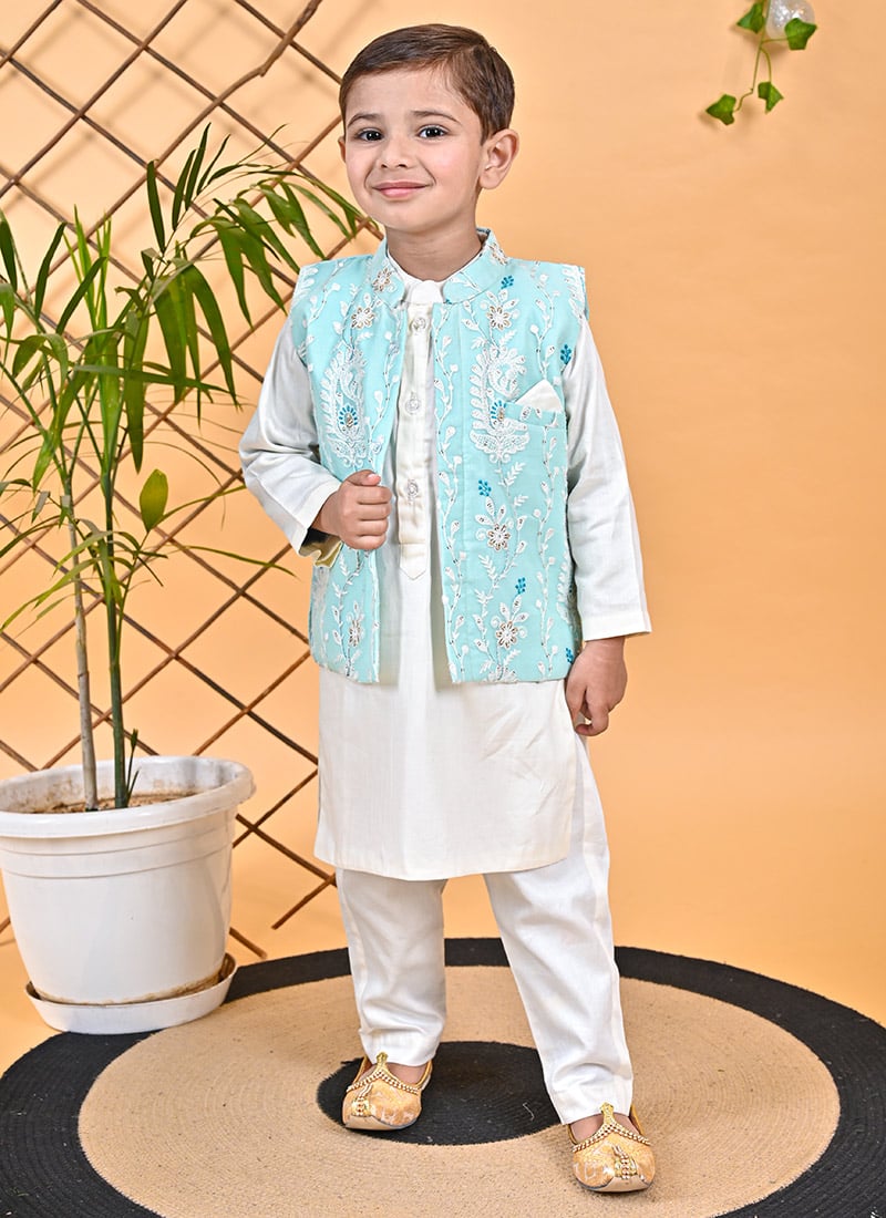 Lovely Off White Cotton Boys Bandi Set Party Wear