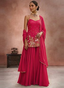 Lovely Pink Faux Georgette Zari Resham Sequins Palazzo Suit
