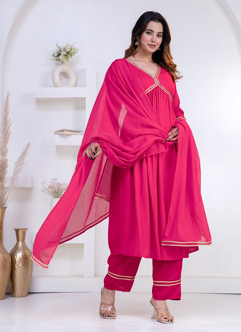 Lovely Pink Rayon Zari Lace Work Anarkali Suit After Six Wear