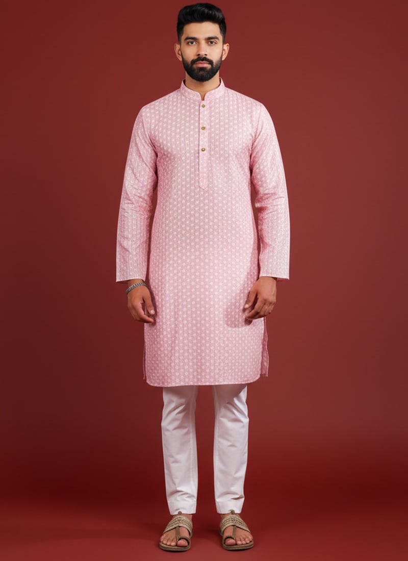 Lovely Pink Silk Printed Kurta Pyjama Festive Wear