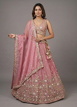 Lovely Pink Tissue Embroidered Umbrella Lehenga