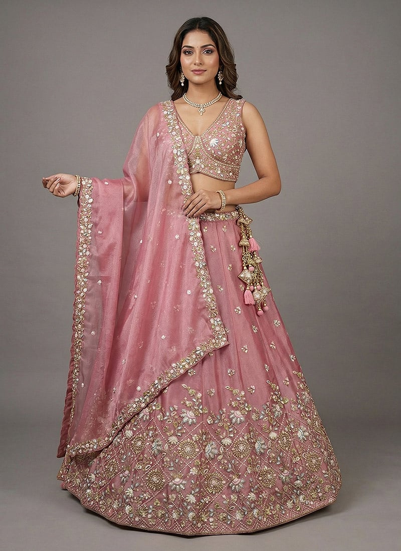 Lovely Pink Tissue Embroidered Umbrella Lehenga Wedding Wear