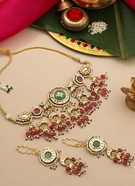 Luminous Pink Kundan Beads Pearl Choker